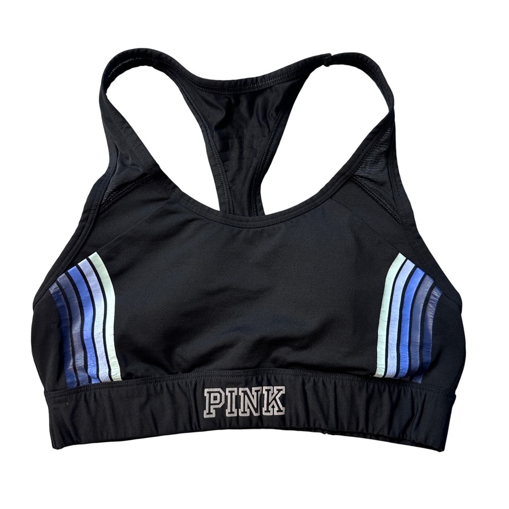 PINK Sports Bra Womens Medium Black Ultimate Lightly Lined Racerback Mesh Stripe